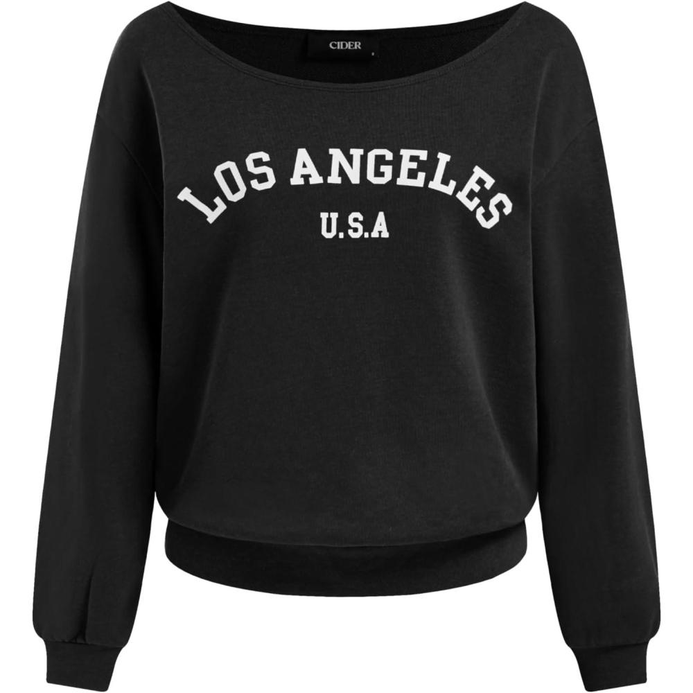 imageCIDER Womens Off Shoulder Sweatshirt Letter Printed Y2k Basic Casual Trendy Top Fall Fashion Pullover ShirtBlack