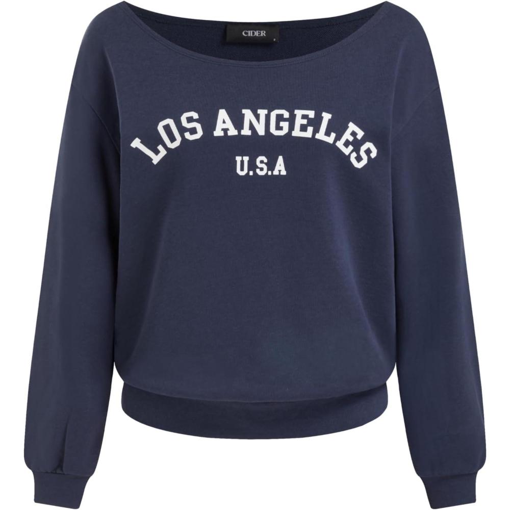 imageCIDER Womens Off Shoulder Sweatshirt Letter Printed Y2k Basic Casual Trendy Top Fall Fashion Pullover ShirtDark Navy