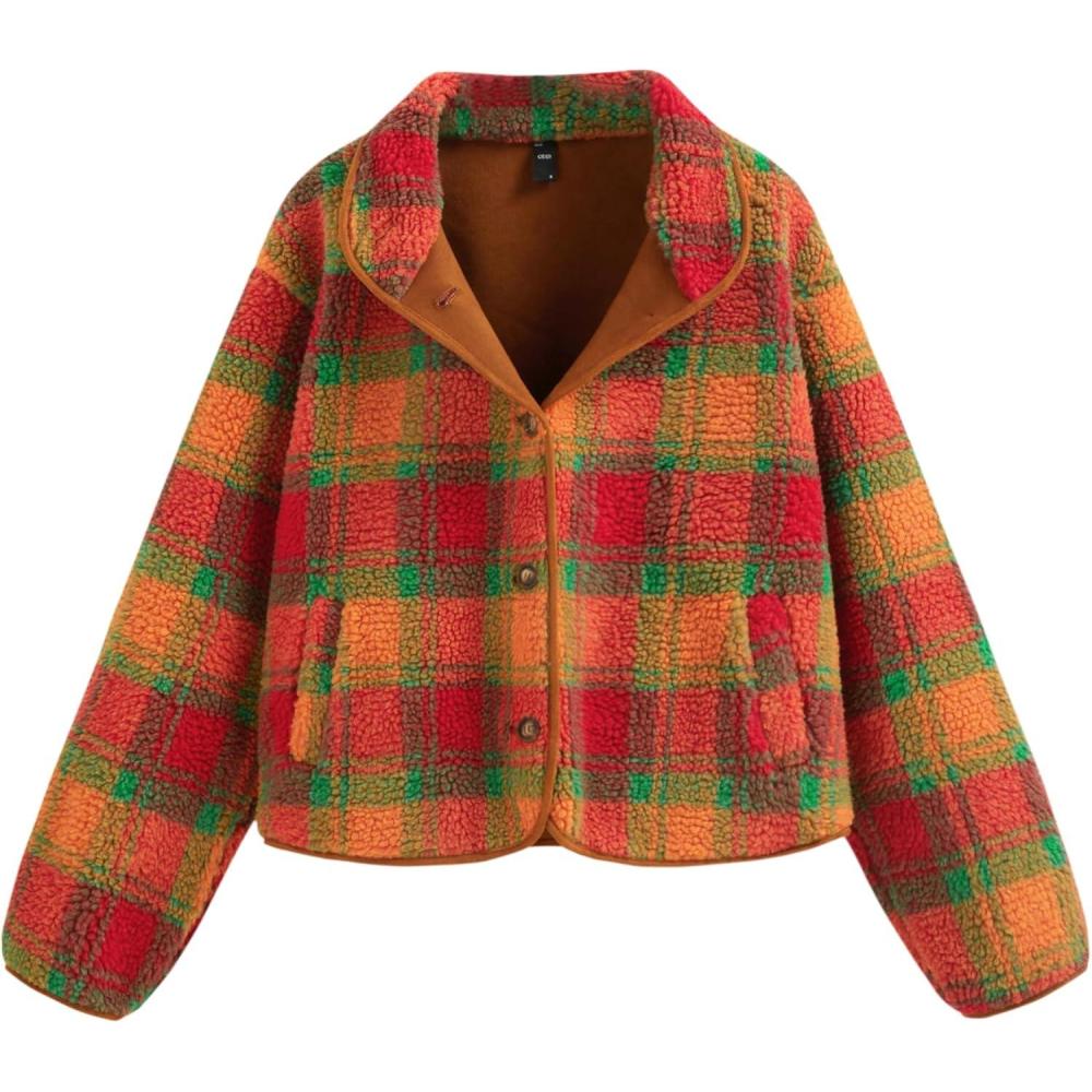 imageCIDER Womens Plaid Fleece Jacket Button Down Sherpa Coat Cropped TopRed