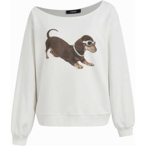 CIDER Going Out Sweatshirt for Women Dachshund Graphic Asymmetrical Neck Long Sleeve Terry Pullover Dog Top(White)