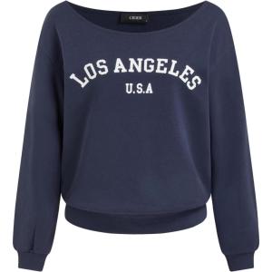 CIDER Womens Off Shoulder Sweatshirt Letter Printed Y2k Basic Casual Trendy Top Fall Fashion Pullover Shirt(Dark Navy)