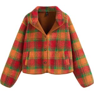 CIDER Womens Plaid Fleece Jacket Button Down Sherpa Coat Cropped Top(Red)