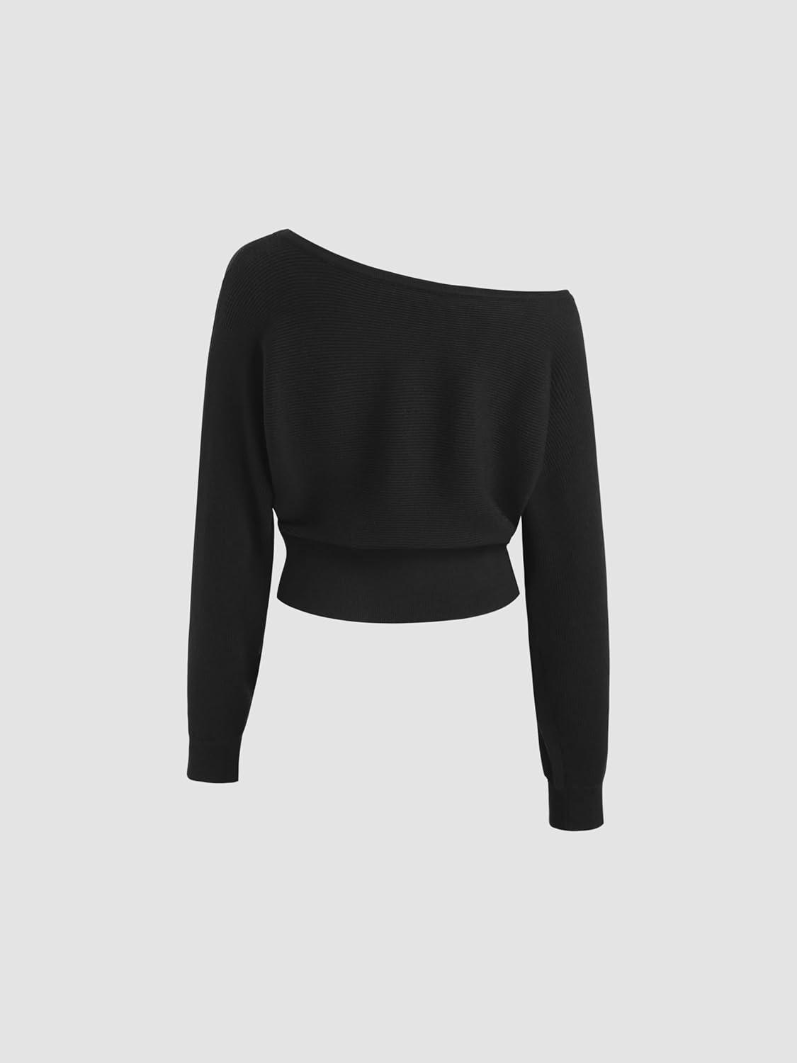 imageCIDER Asymmetrical Neck Solid Crop Long Sleeve TopBlack