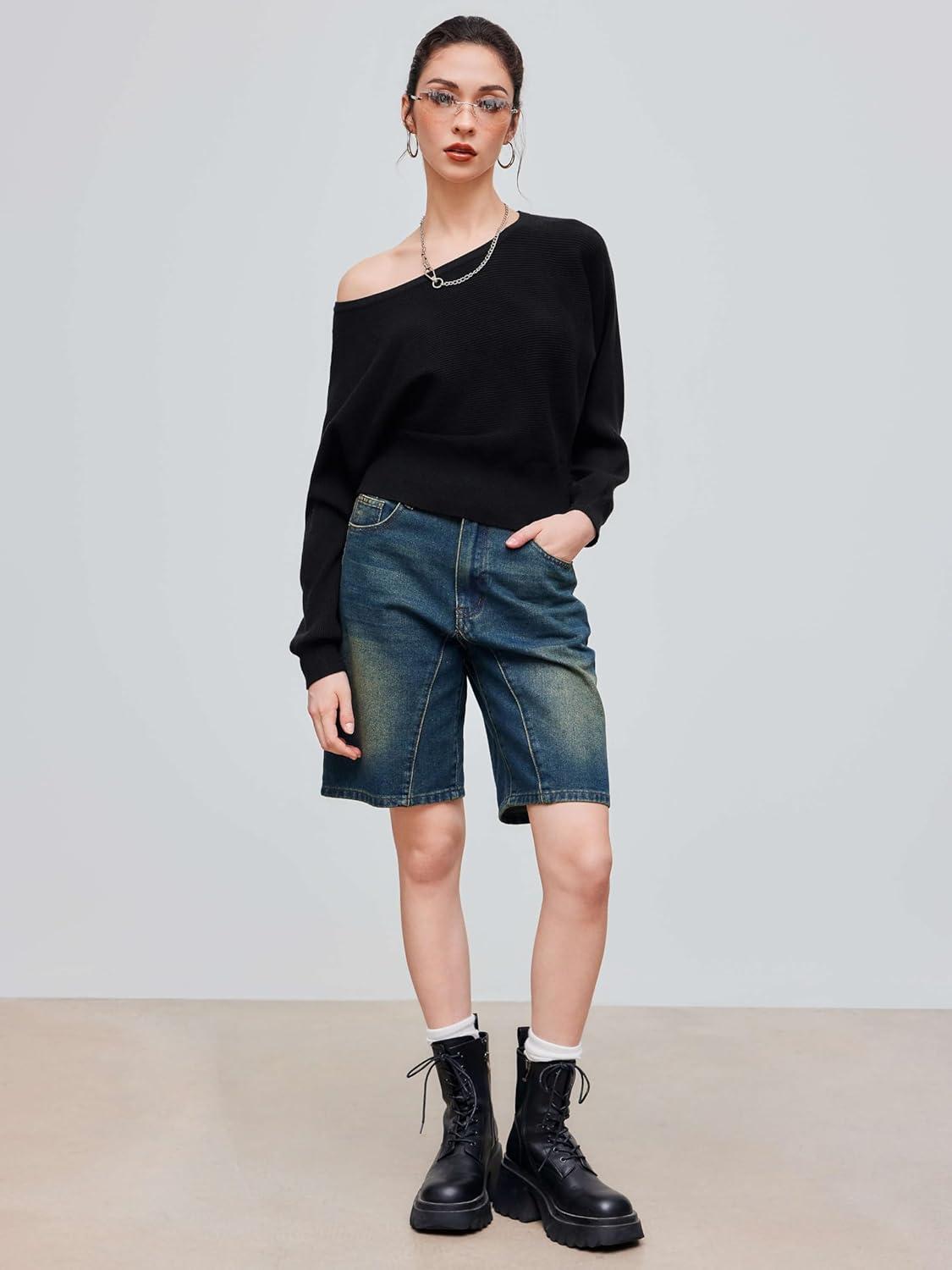 imageCIDER Asymmetrical Neck Solid Crop Long Sleeve TopBlack