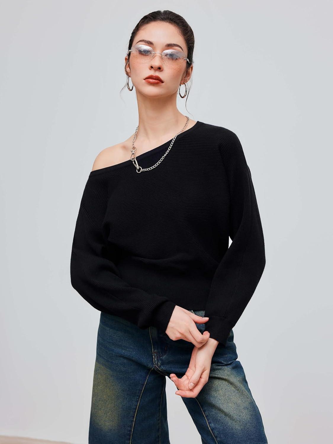 imageCIDER Asymmetrical Neck Solid Crop Long Sleeve TopBlack