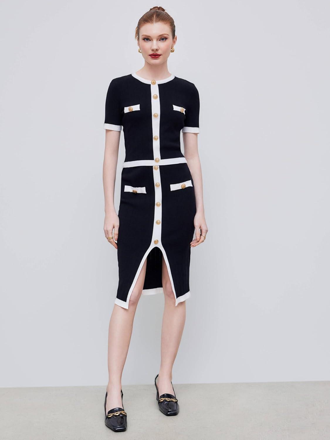 imageCIDER Knit Sweater Short Sleeve Top Crew Neck Elegant Fitted Office Casual T Shirt TopsBlack