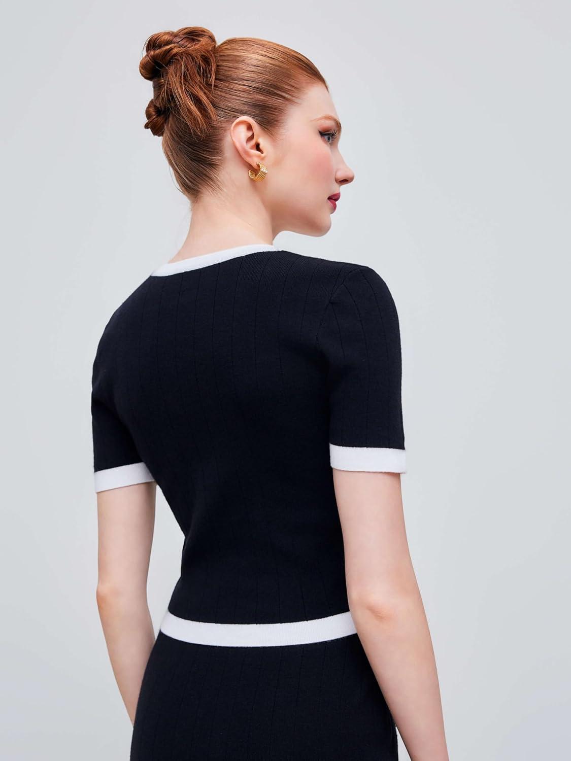 imageCIDER Knit Sweater Short Sleeve Top Crew Neck Elegant Fitted Office Casual T Shirt TopsBlack