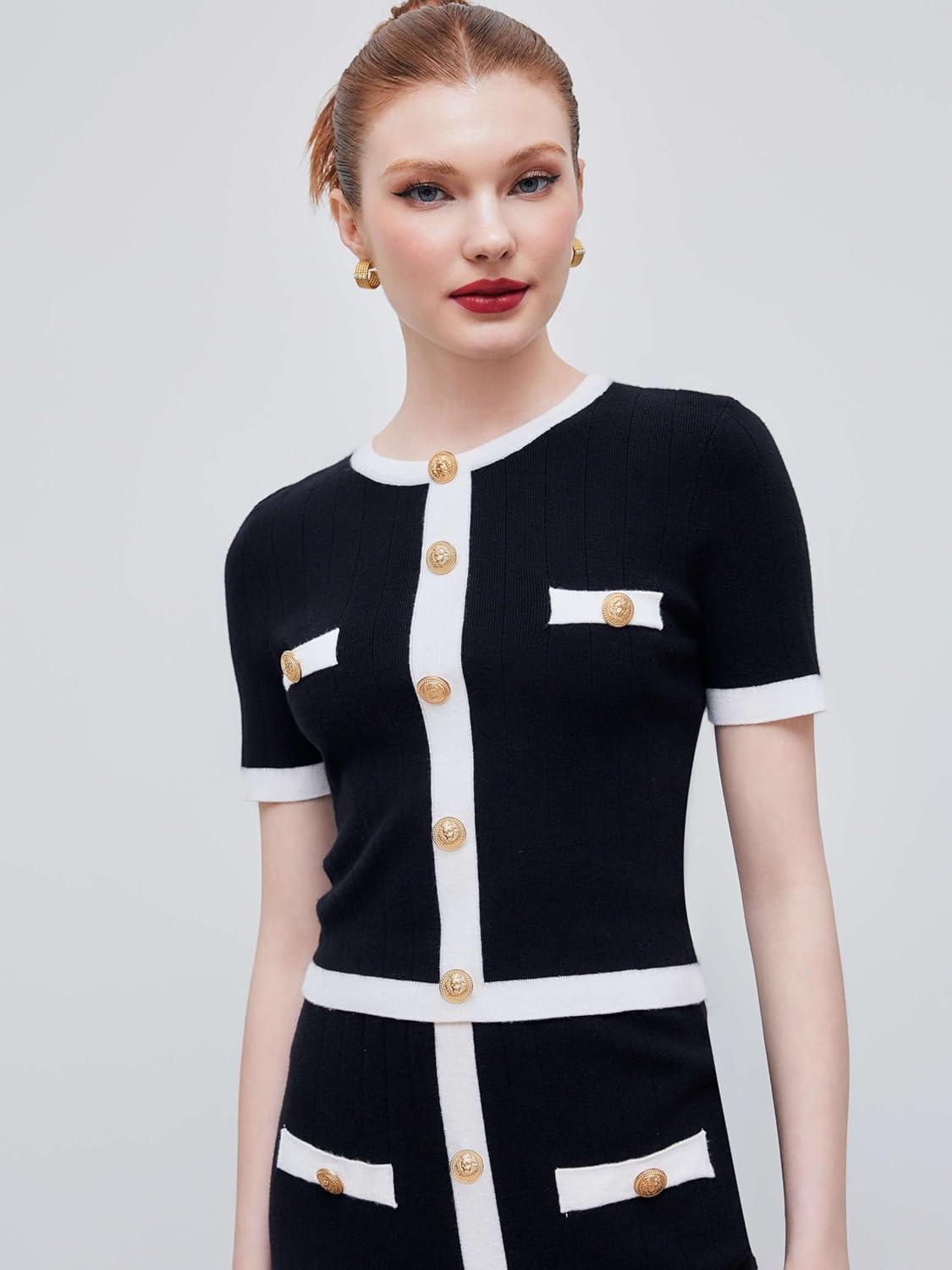 imageCIDER Knit Sweater Short Sleeve Top Crew Neck Elegant Fitted Office Casual T Shirt TopsBlack