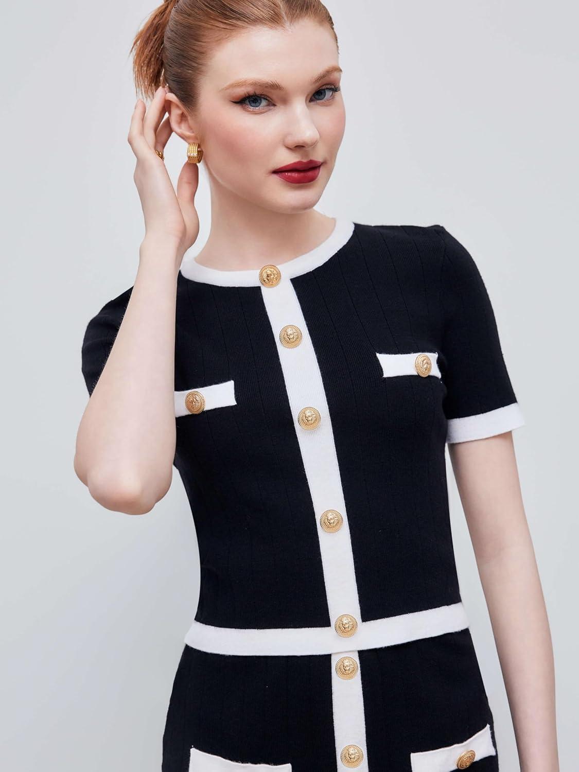 imageCIDER Knit Sweater Short Sleeve Top Crew Neck Elegant Fitted Office Casual T Shirt TopsBlack