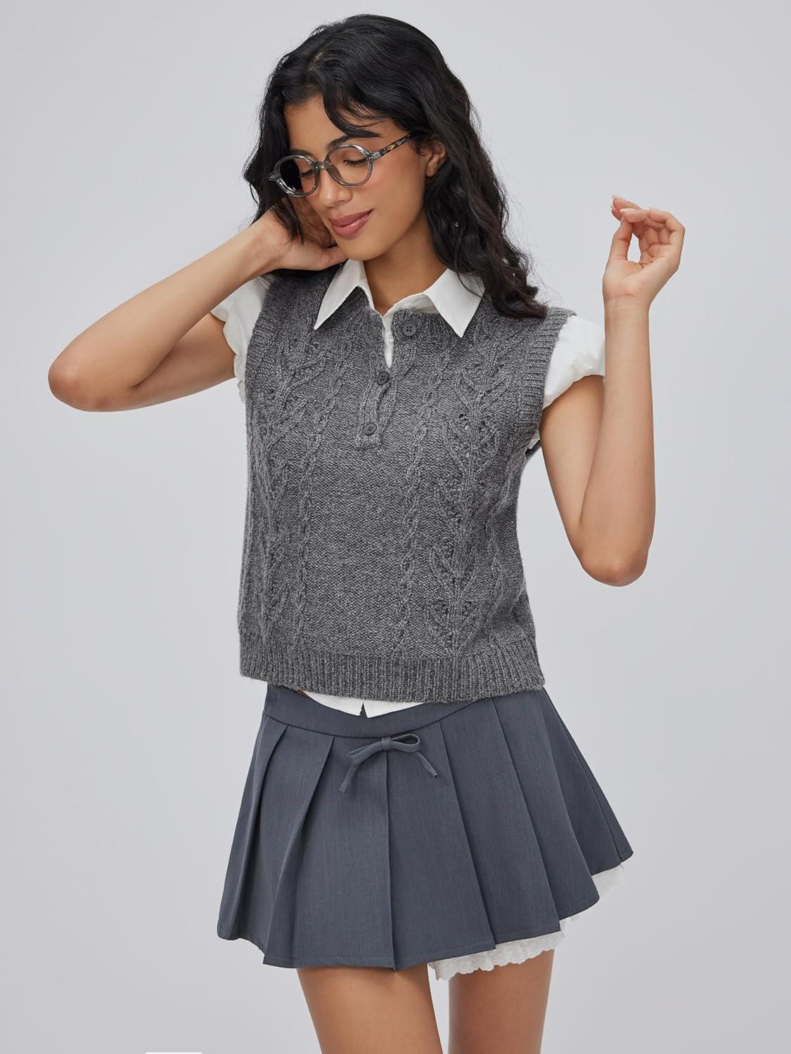 imageCIDER Womens Knitted Sweater Vest Sleeveless Button Down Cable Knit Pullover VestGrey