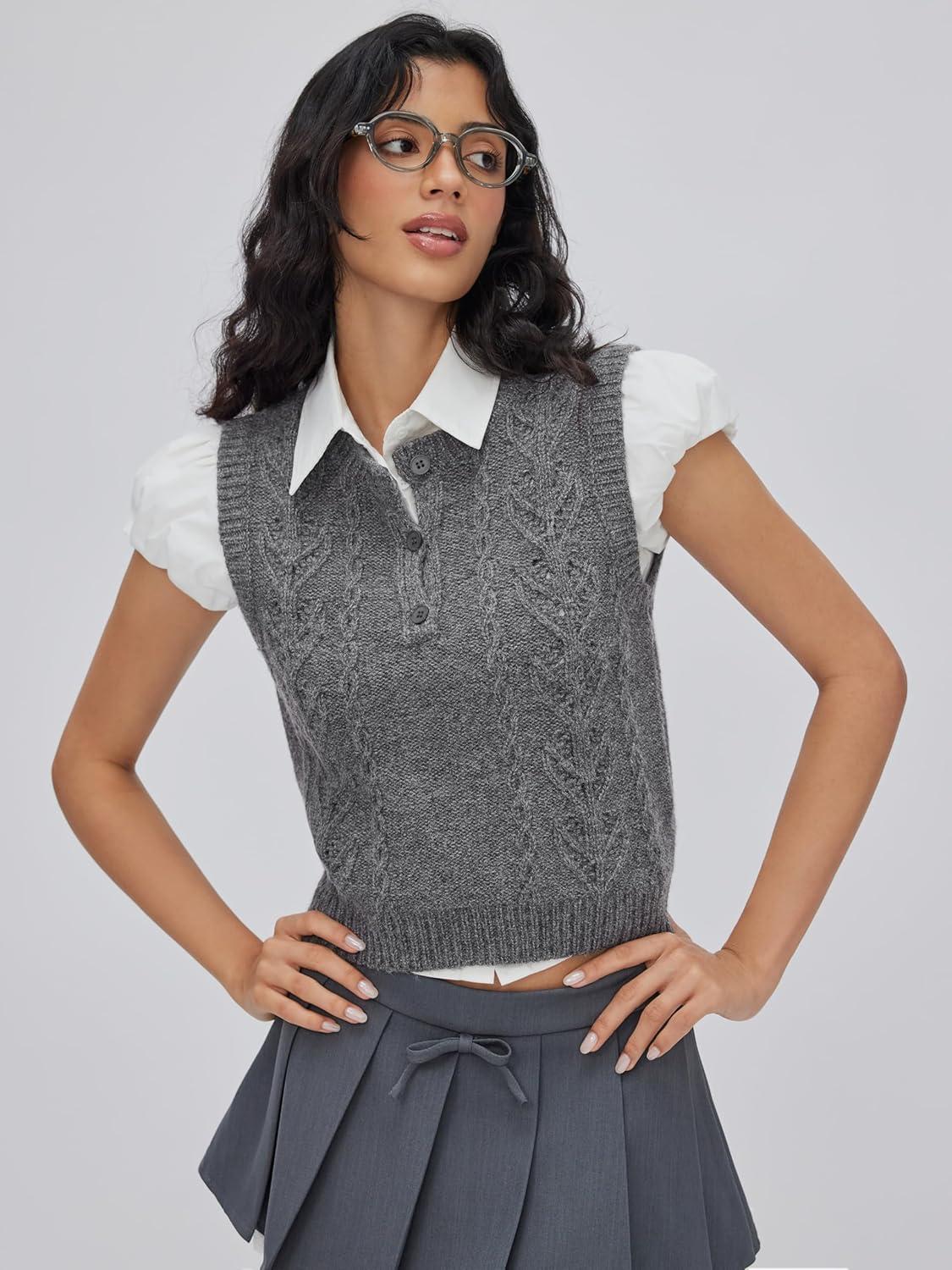 imageCIDER Womens Knitted Sweater Vest Sleeveless Button Down Cable Knit Pullover VestGrey