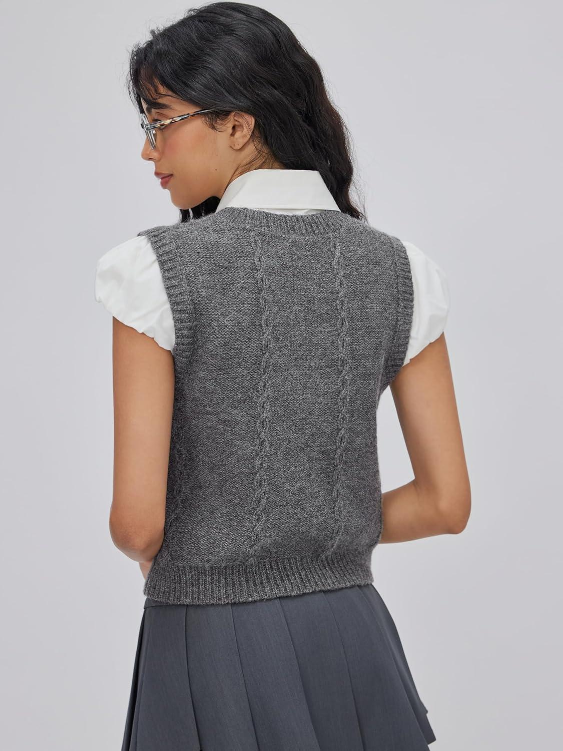 imageCIDER Womens Knitted Sweater Vest Sleeveless Button Down Cable Knit Pullover VestGrey