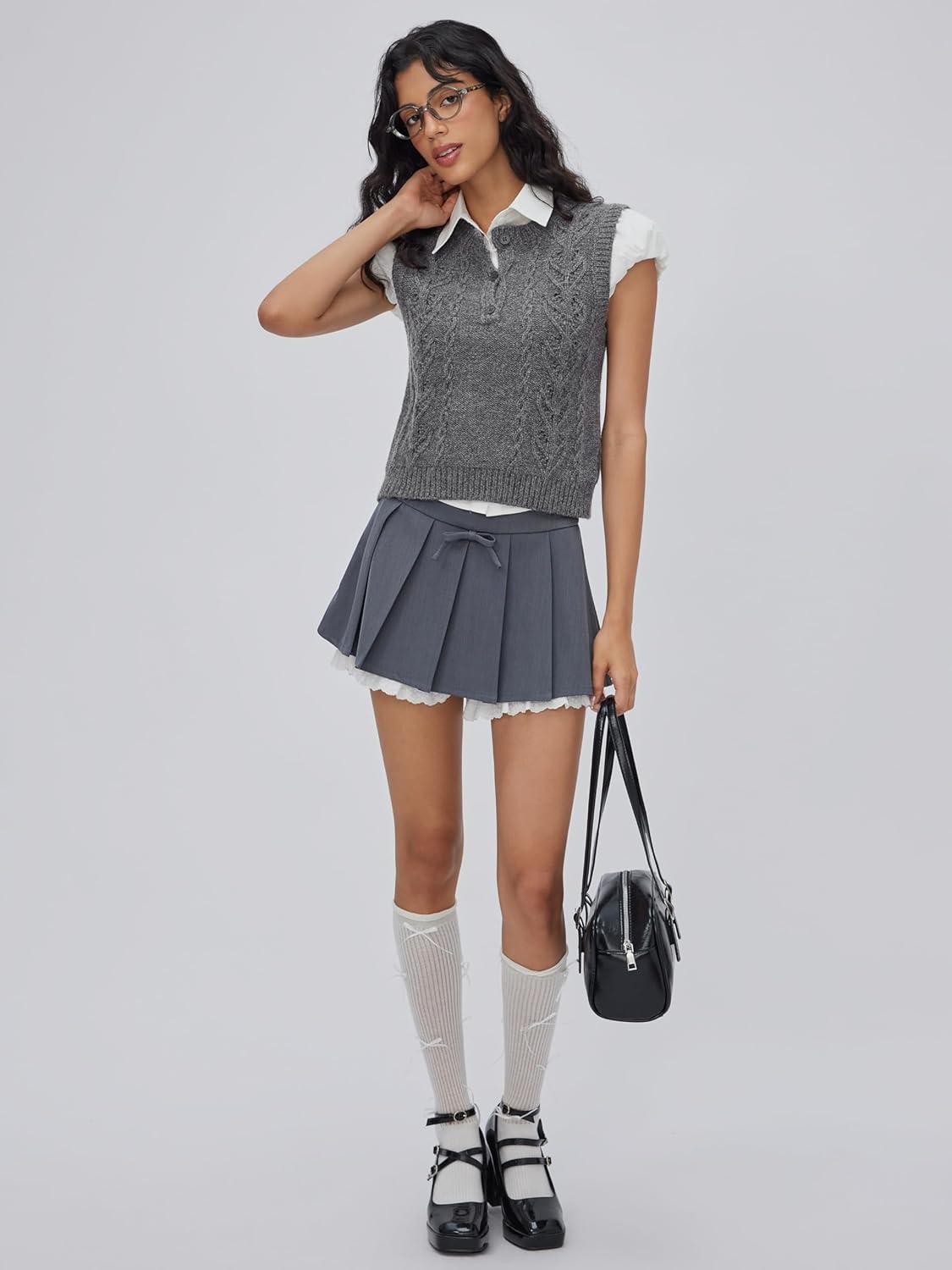 imageCIDER Womens Knitted Sweater Vest Sleeveless Button Down Cable Knit Pullover VestGrey