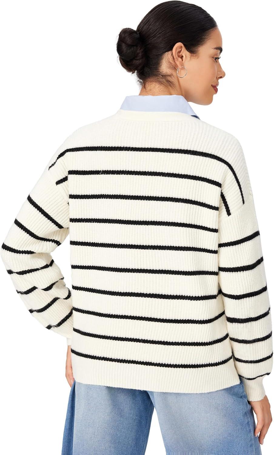 imageCIDER Womens Striped Knit Cardigan Button Down V Neck Fall Fashion Casual SweaterWhite