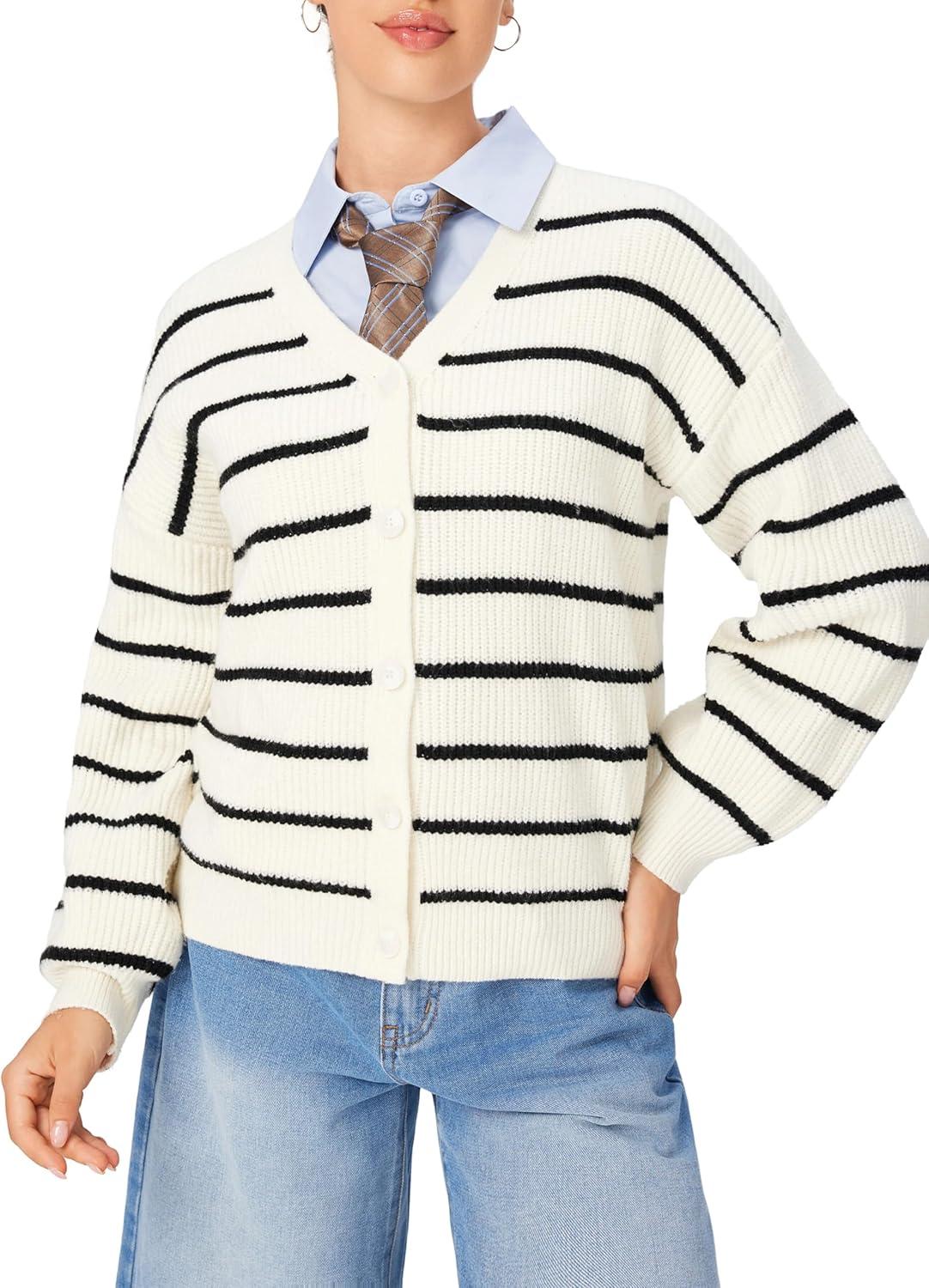 imageCIDER Womens Striped Knit Cardigan Button Down V Neck Fall Fashion Casual SweaterWhite