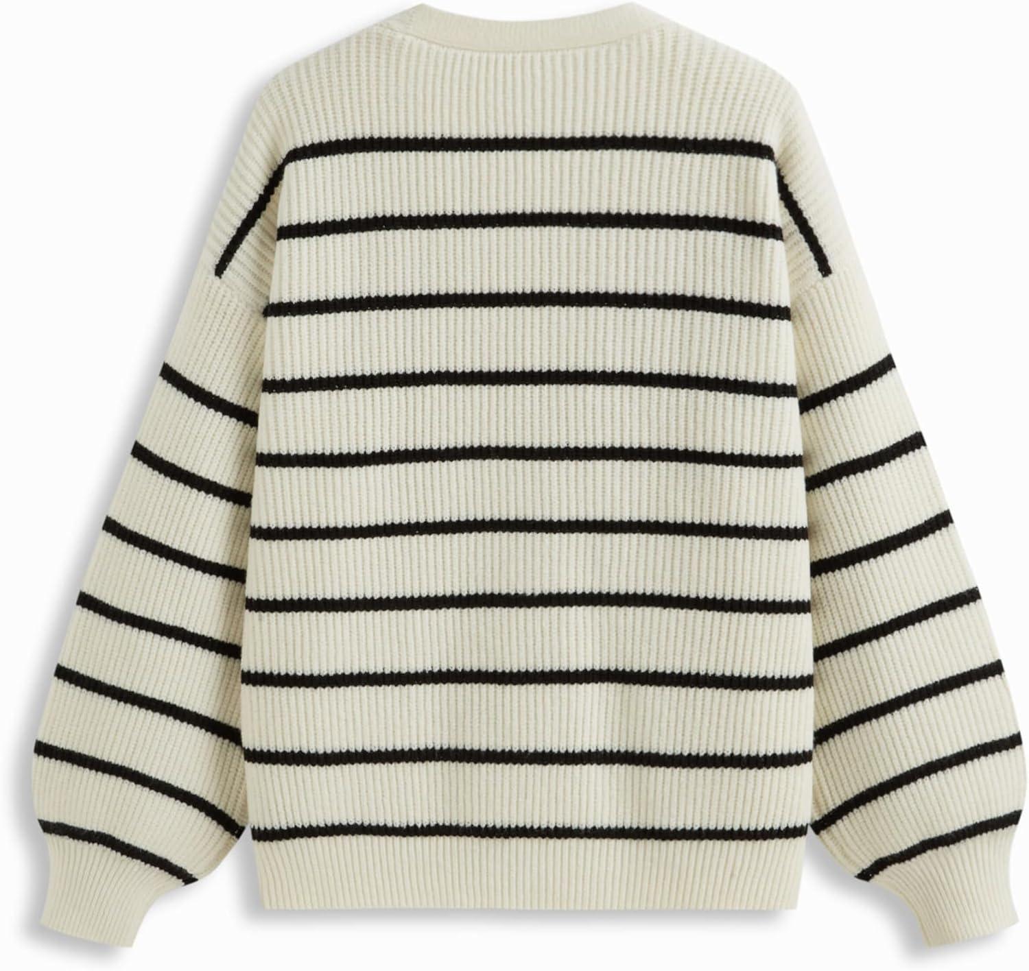 imageCIDER Womens Striped Knit Cardigan Button Down V Neck Fall Fashion Casual SweaterWhite