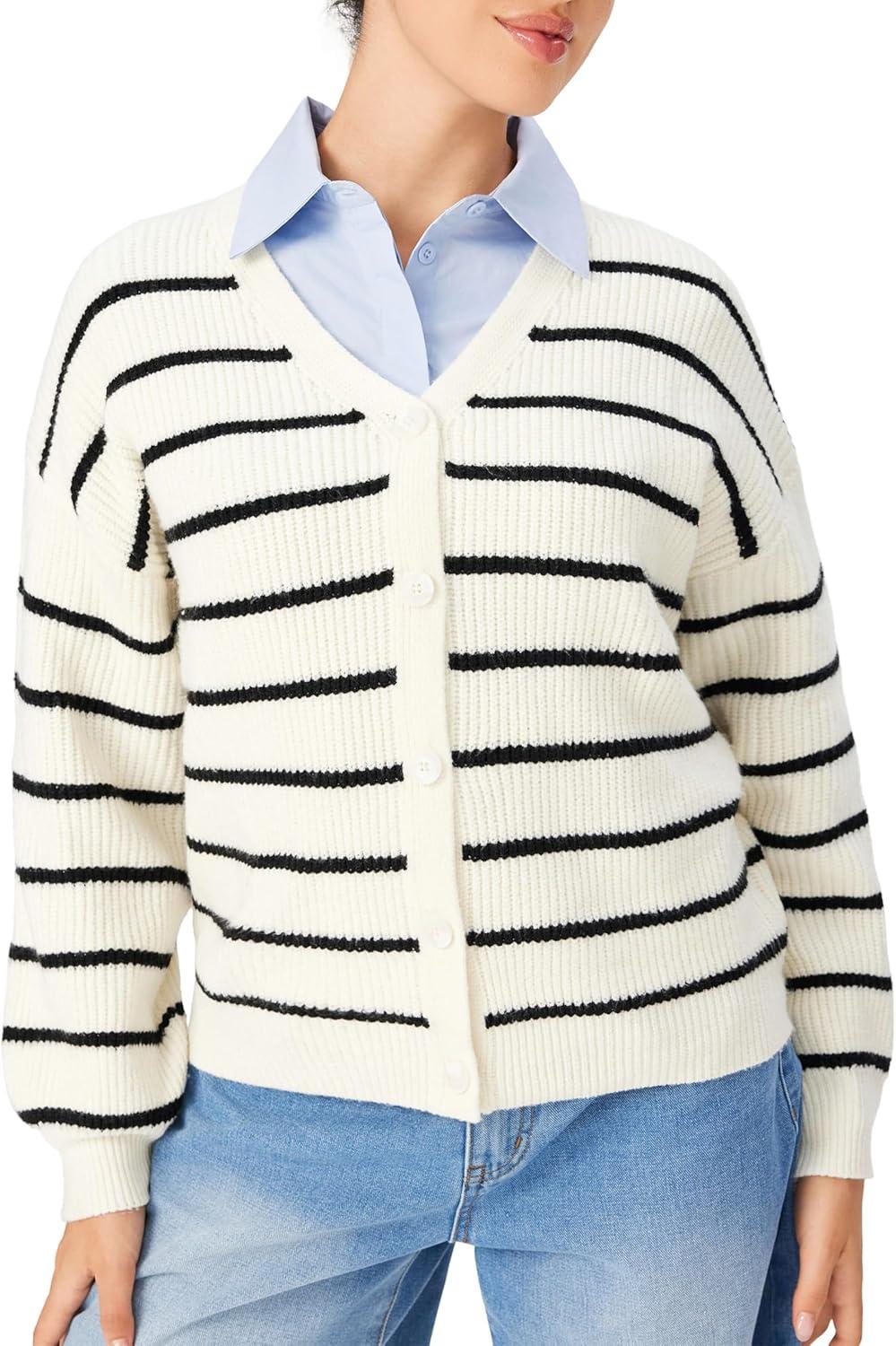 imageCIDER Womens Striped Knit Cardigan Button Down V Neck Fall Fashion Casual SweaterWhite