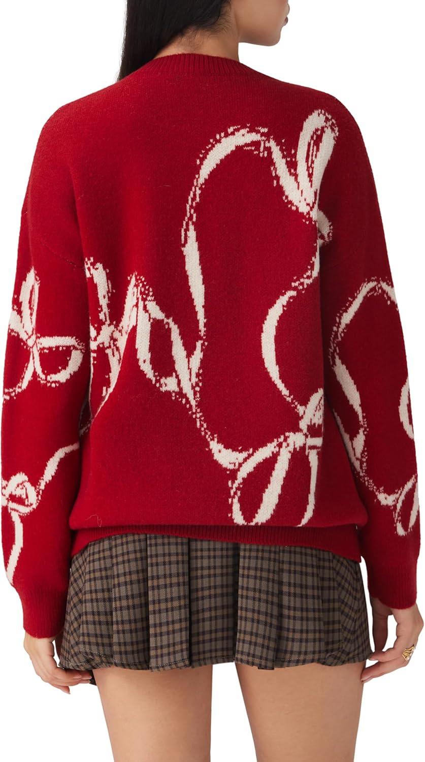 imageCIDER Womens Sweater Bow Knot Cute Y2k Long Sleeve Crew Neck Pullover TopsRed