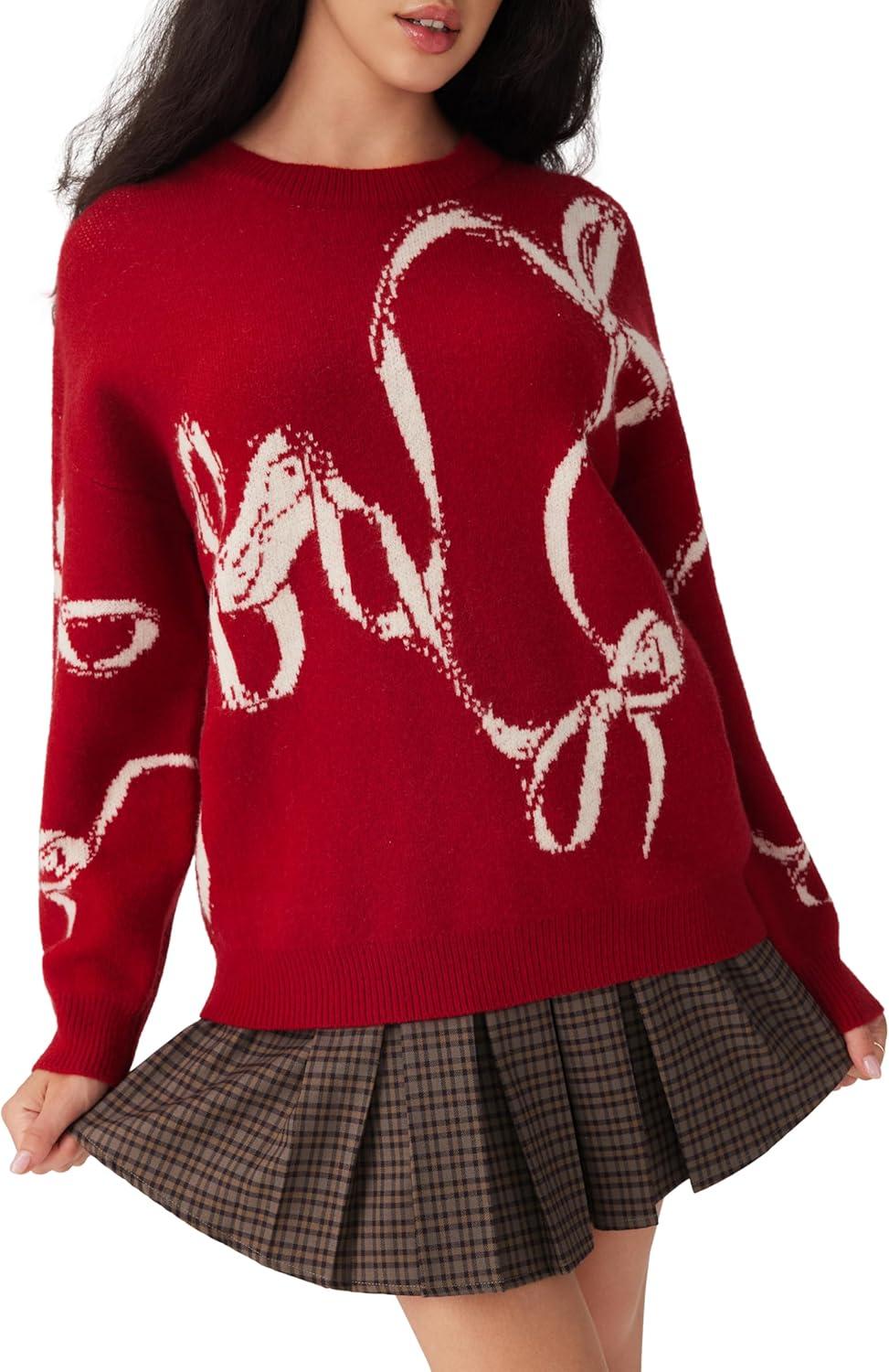 imageCIDER Womens Sweater Bow Knot Cute Y2k Long Sleeve Crew Neck Pullover TopsRed