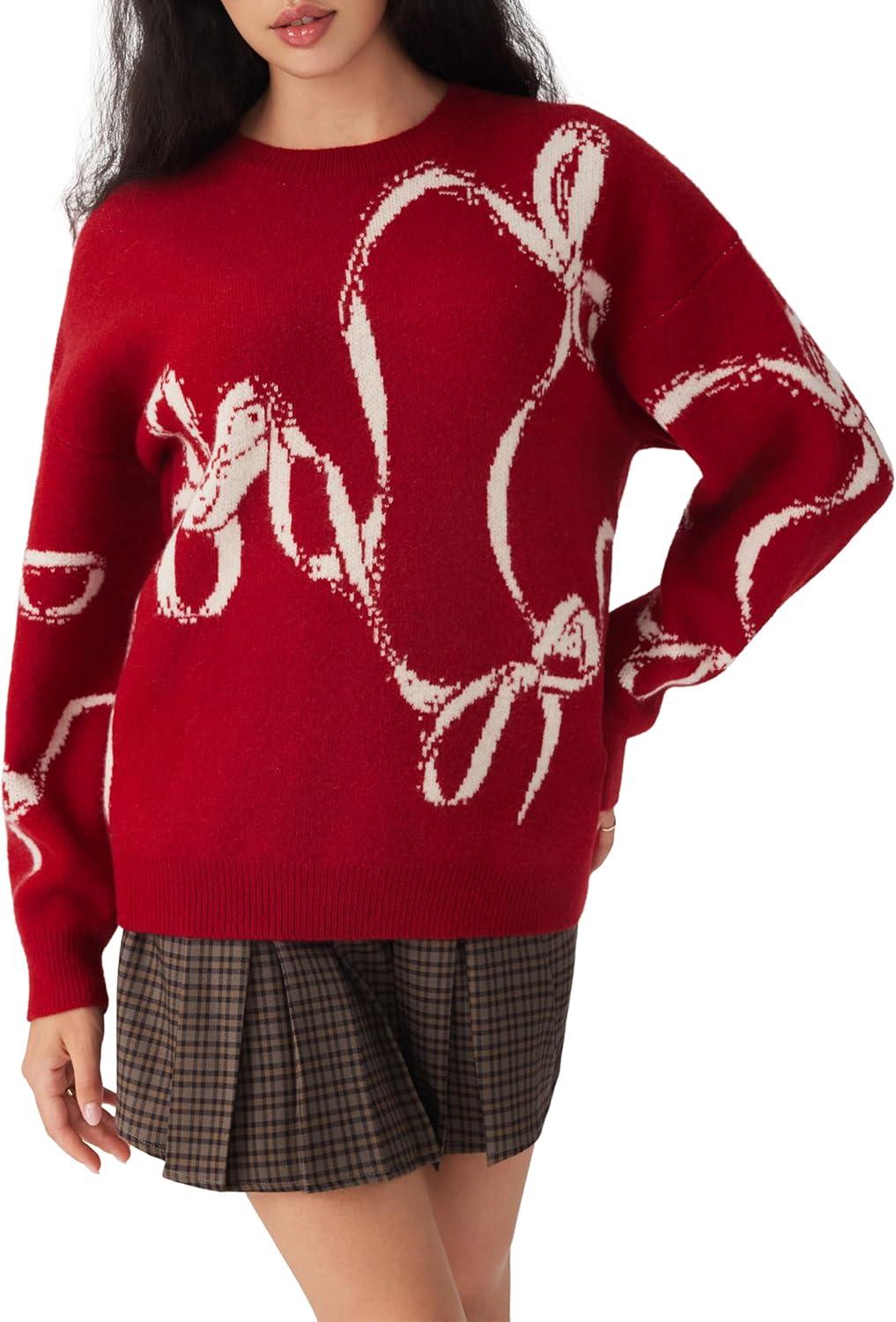 imageCIDER Womens Sweater Bow Knot Cute Y2k Long Sleeve Crew Neck Pullover TopsRed