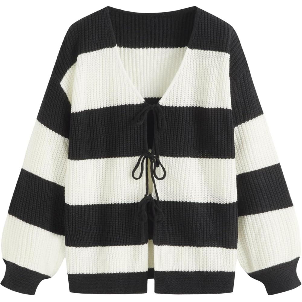imageCIDER Cardigan Sweater for Women Tie Front Striped Long Sleeve V Neck Cute Y2k Fall Trendy OutfitsCarbon