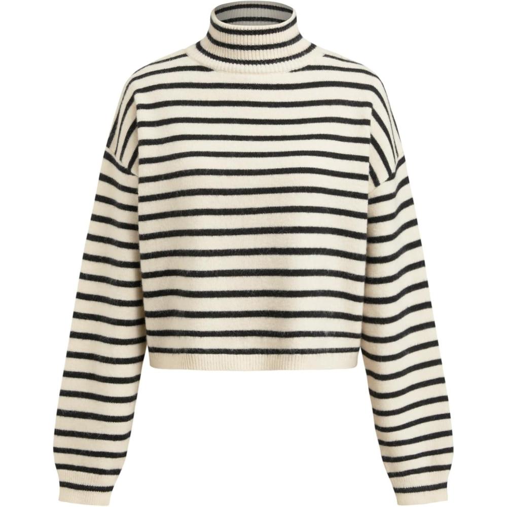 imageCIDER Cropped Sweaters for Women Pear Cute Turtleneck Sweater Long Sleeve Y2K Lantern Sleeve Pullover Fall OutfitsStriped Beige