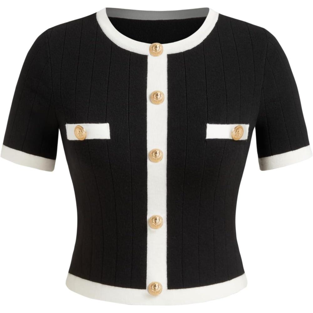 imageCIDER Knit Sweater Short Sleeve Top Crew Neck Elegant Fitted Office Casual T Shirt TopsBlack