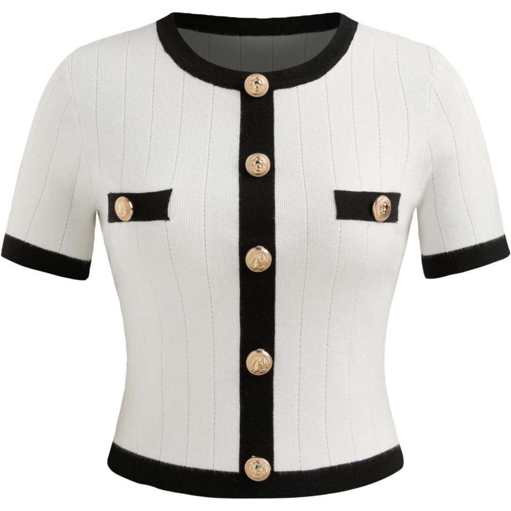 imageCIDER Knit Sweater Short Sleeve Top Crew Neck Elegant Fitted Office Casual T Shirt TopsWhite