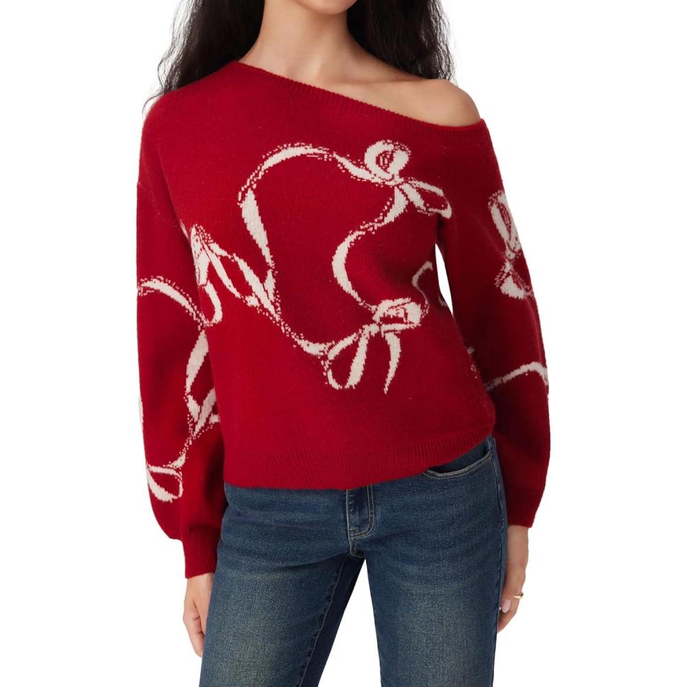 imageCIDER Off The Shoulder Sweaters for Women Bowknot Long Sleeve One Shoulder Fall Sweaters Knit Pullover Sweater TrendyRed