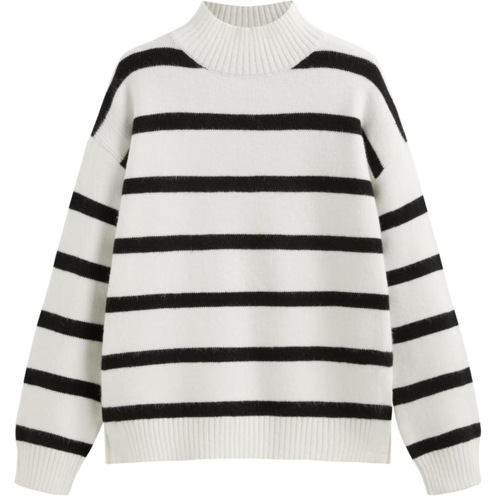 imageCIDER Striped Mock Neck Sweater Women Long Sleeve Pullover Knit TopBlack  White
