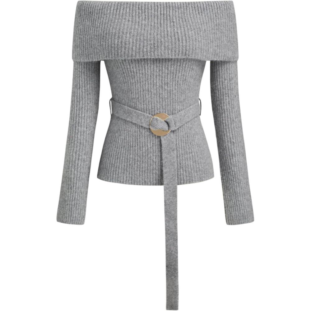 imageCIDER Women Off Shoulder Sweaters Long Sleeve Ribbed Knit Going Out 2025 Fall Tops with BeltDark Grey