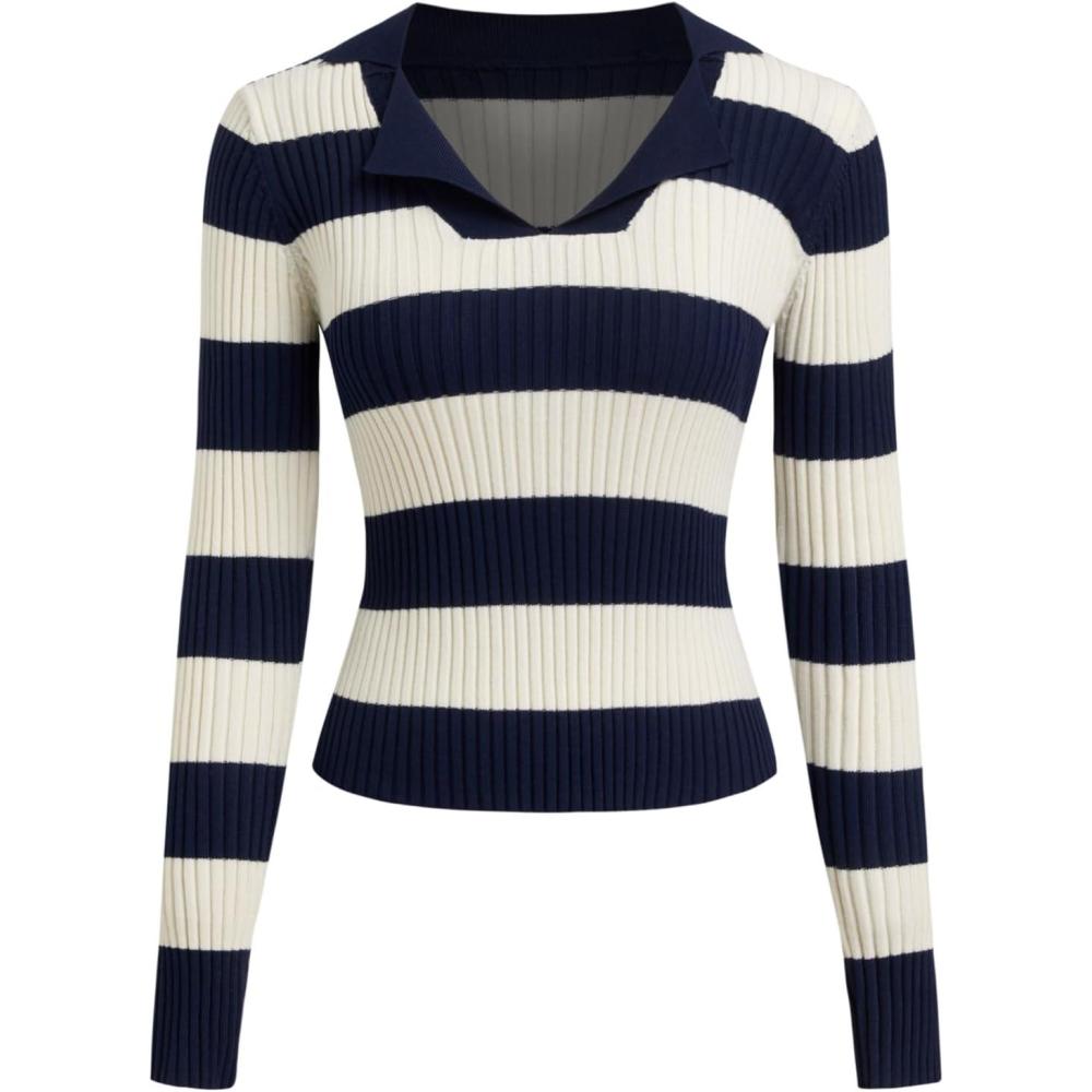 imageCIDER Womens 2025 Fall V Neck Long Sleeve Striped Sweater Slim Fitted Ribbed Knit Casual Pullover Polo SweaterDark Navy