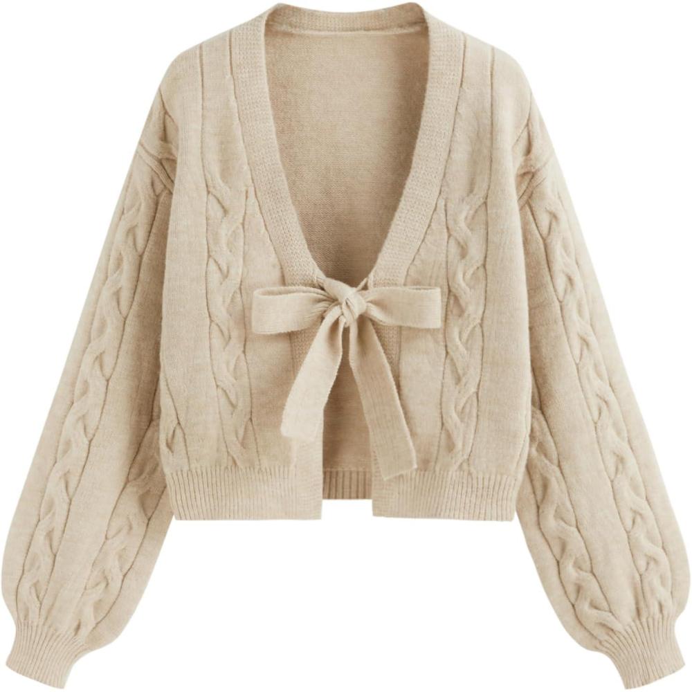 imageCIDER Womens Crop Tie Front Cardigan V Neck Bow Sweaters Cute Cozy Trendy Fall OutfitsBeige
