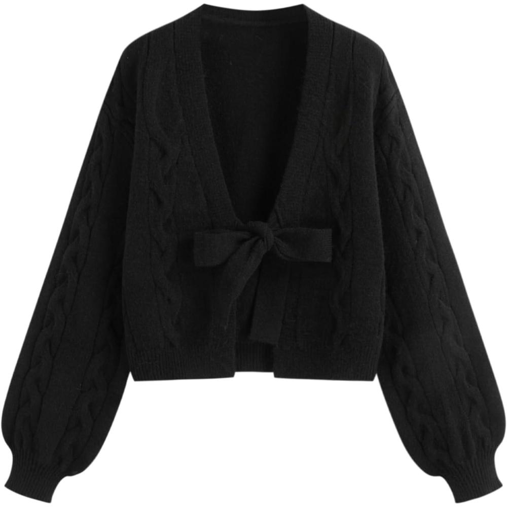 imageCIDER Womens Crop Tie Front Cardigan V Neck Bow Sweaters Cute Cozy Trendy Fall OutfitsBlack