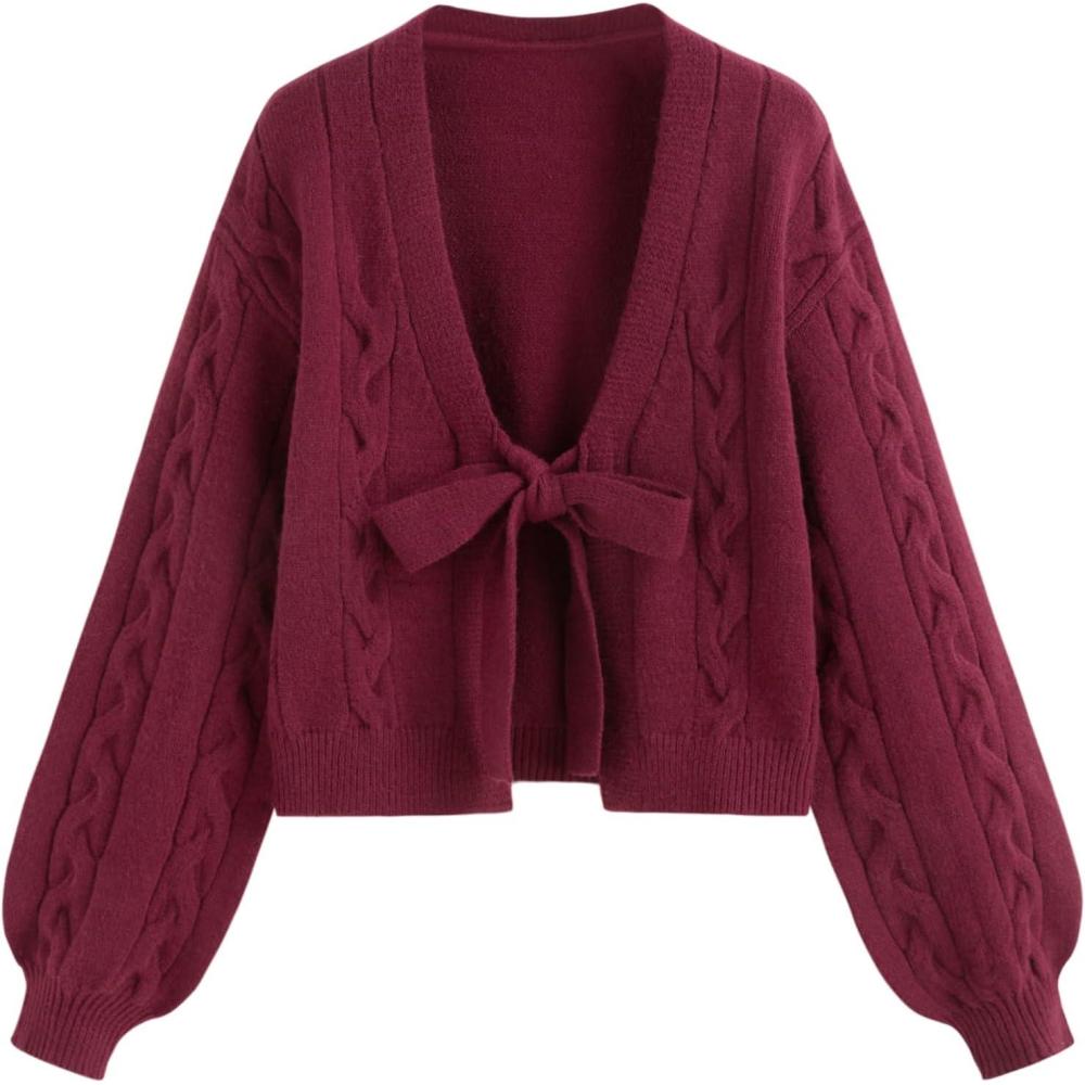 imageCIDER Womens Crop Tie Front Cardigan V Neck Bow Sweaters Cute Cozy Trendy Fall OutfitsWine