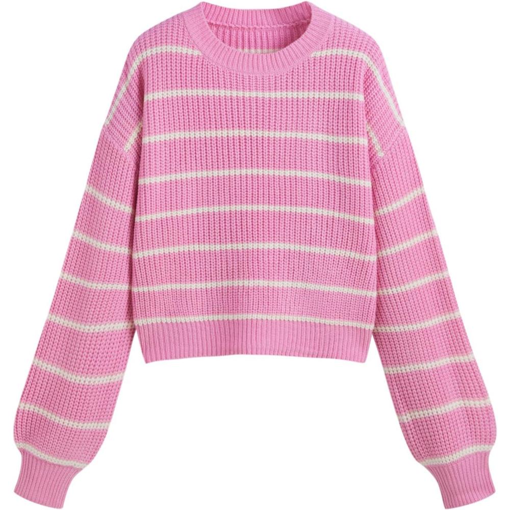 imageCIDER Womens Cropped Striped Sweater Long Sleeve Crew Neck Trendy Pullover TopsPink