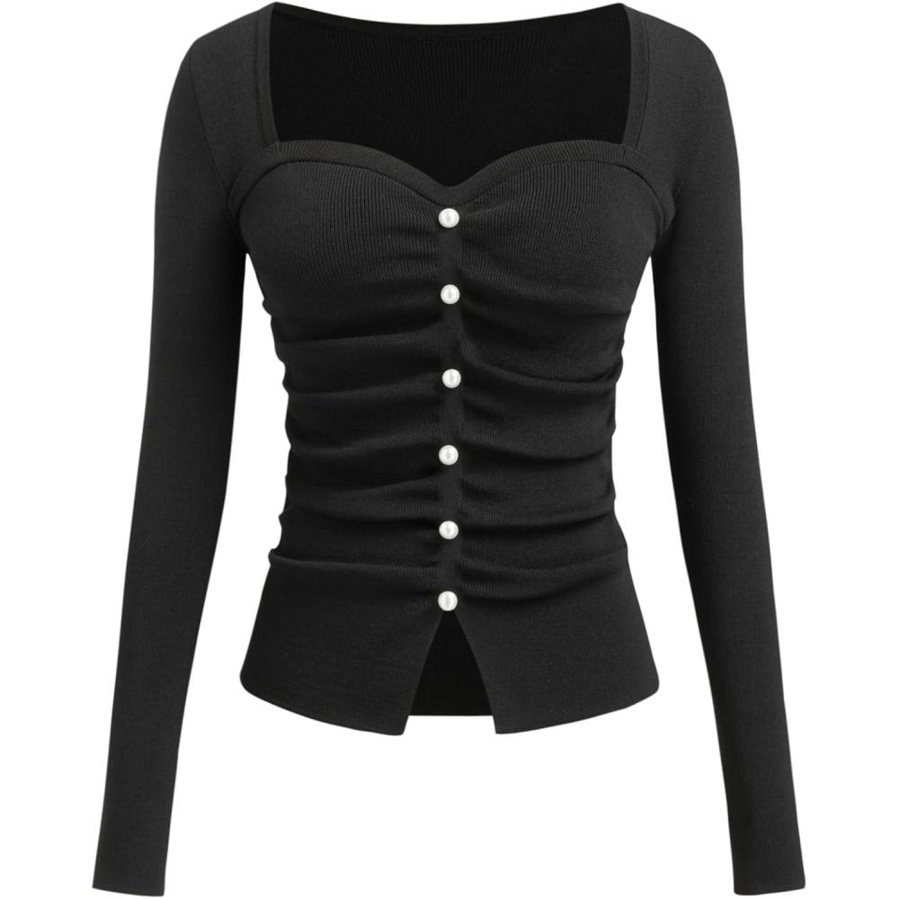 imageCIDER Womens Going Out Crop Tops Faux Pearl Long Sleeve Square Neck Ruched Tops Fall Spring TrendyBlack