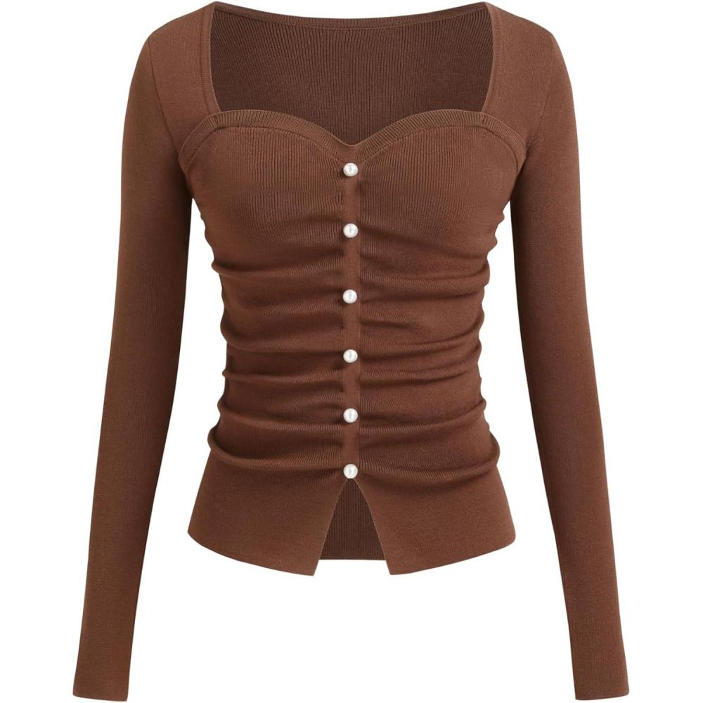 imageCIDER Womens Going Out Crop Tops Faux Pearl Long Sleeve Square Neck Ruched Tops Fall Spring TrendyBrown