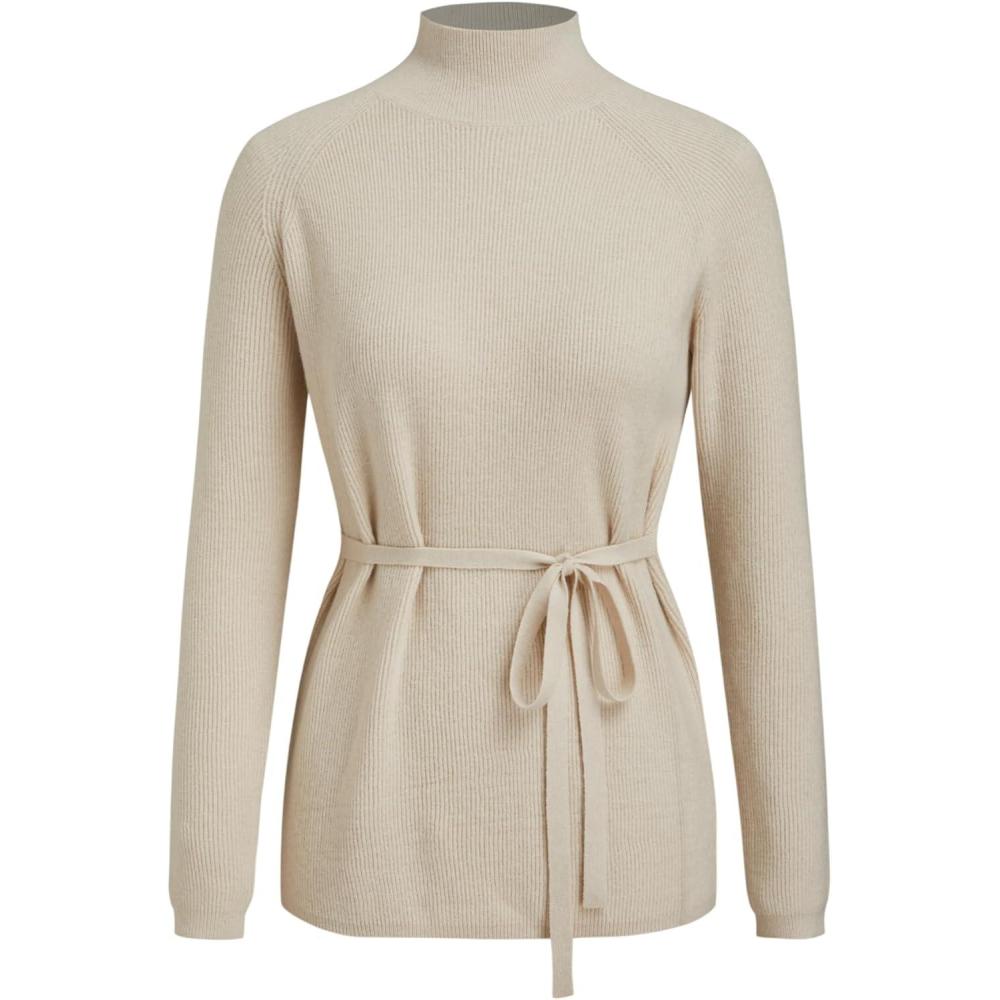 imageCIDER Womens Mock Neck Sweater with Tie Waist Elegant Long Sleeve Casual Knit TopKhaki