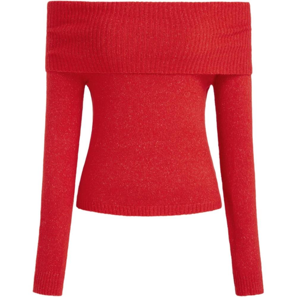 imageCIDER Womens Off Shoulder Knitted Long Sleeve Tops Fall Pullover SweaterRed