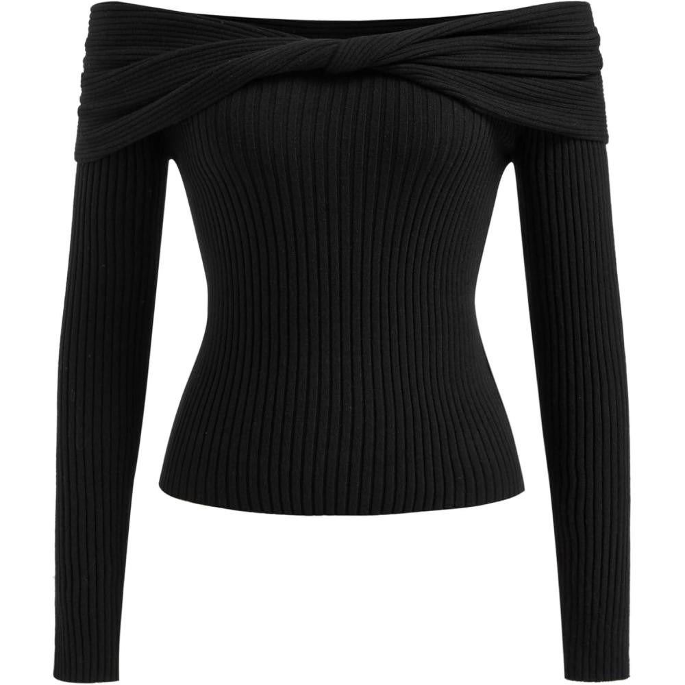 imageCIDER Womens Off Shoulder Sweater Long Sleeve Y2K Twisted Ribbed Knit Pullover Top Going Out Trendy Fall FashionBlack