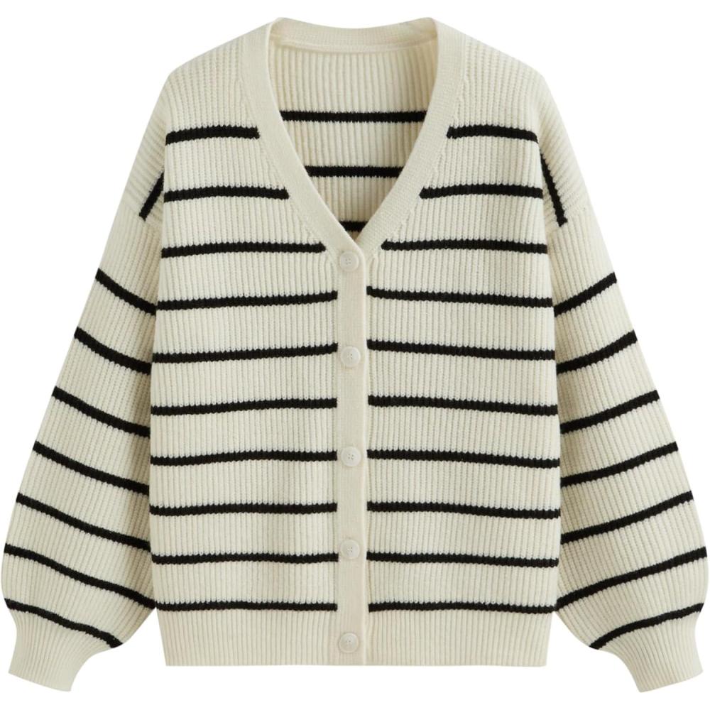 imageCIDER Womens Striped Knit Cardigan Button Down V Neck Fall Fashion Casual SweaterWhite