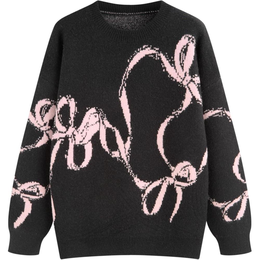 imageCIDER Womens Sweater Bow Knot Cute Y2k Long Sleeve Crew Neck Pullover TopsBlack