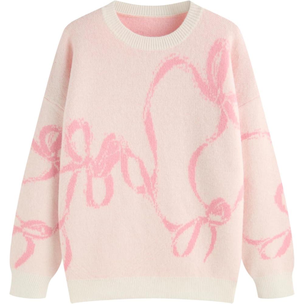 imageCIDER Womens Sweater Bow Knot Cute Y2k Long Sleeve Crew Neck Pullover TopsPink