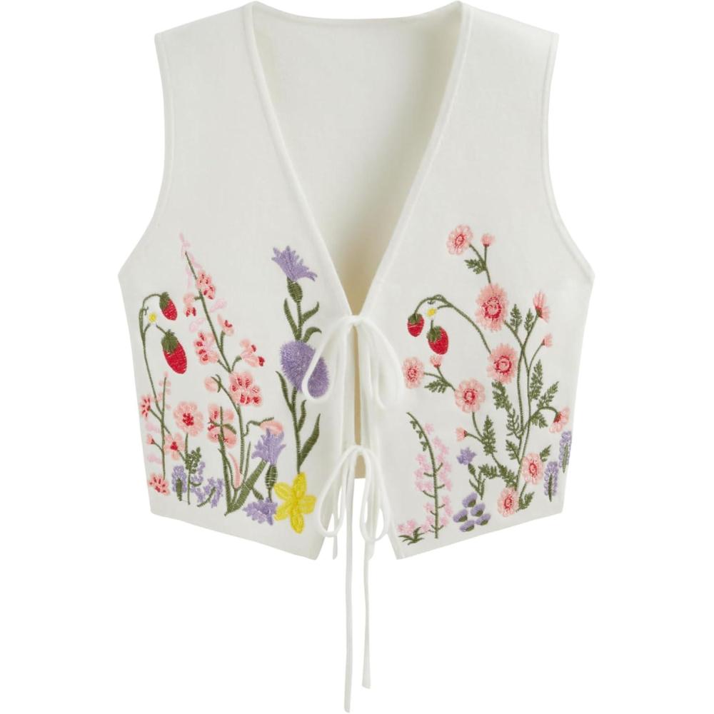 imageCIDER Womens Sweater Vest Floral Sleeveless Tie Front V Neck Knit Cute Vest TopsWhite