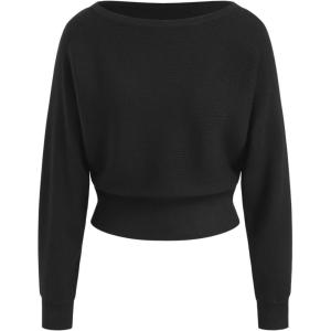 CIDER Asymmetrical Neck Solid Crop Long Sleeve Top(Black)