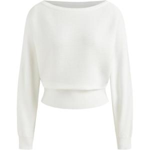 CIDER Asymmetrical Neck Solid Crop Long Sleeve Top(White)