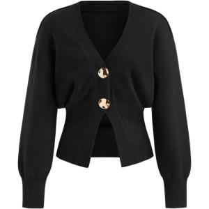 CIDER Cardigan Sweater for Women Knitted Long Sleeve V Neck Trendy Open Front Sweaters with Gold Buttons(Black)