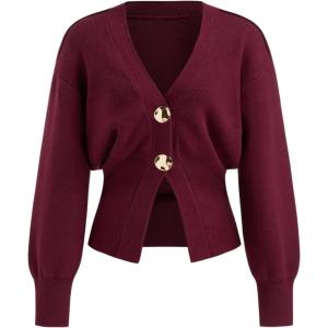CIDER Cardigan Sweater for Women Knitted Long Sleeve V Neck Trendy Open Front Sweaters with Gold Buttons(Wine)