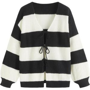 CIDER Cardigan Sweater for Women Tie Front Striped Long Sleeve V Neck Cute Y2k Fall Trendy Outfits(Carbon)